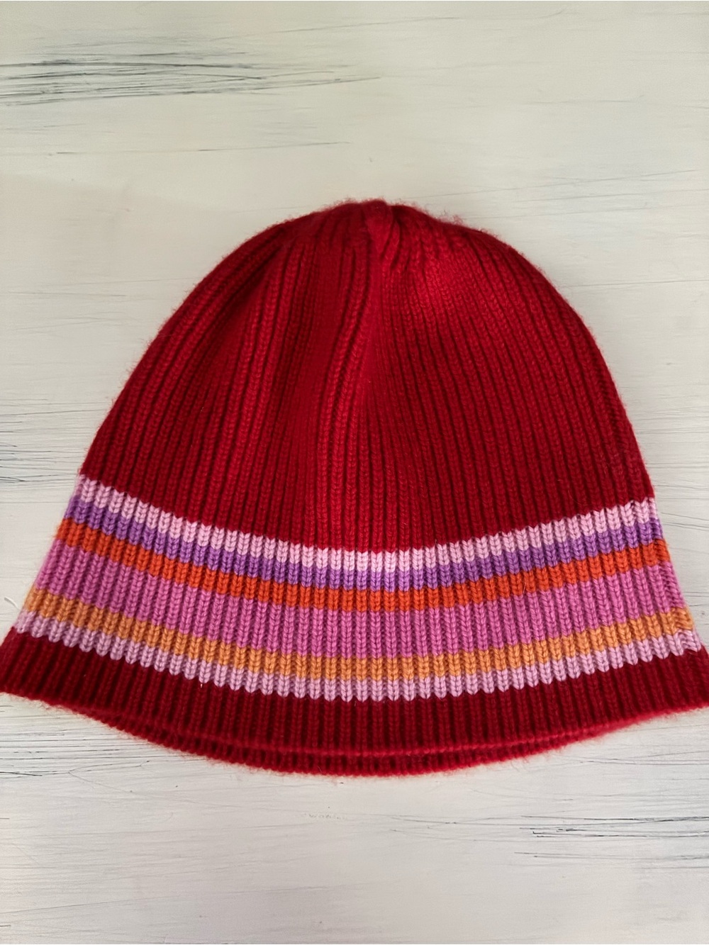 a new day (Target) 100% Cashmere Red Hat with Pink and Orange Stripe Detail